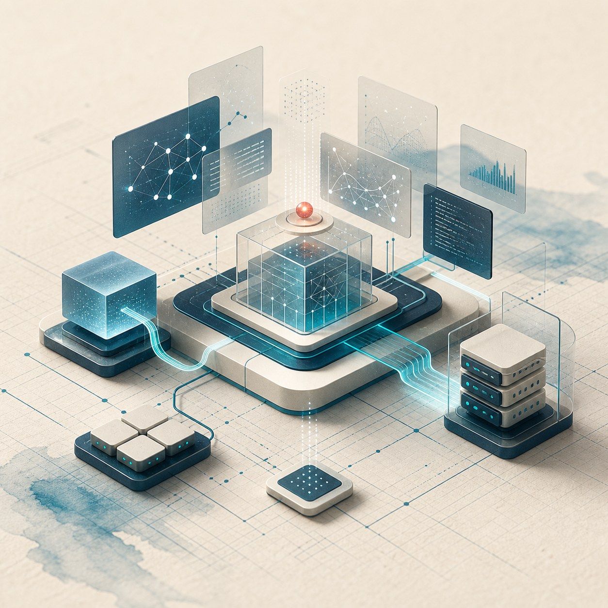 Abstract research system with translucent data panes, server blocks and connected nodes tracing teal light paths toward a single crimson decision point