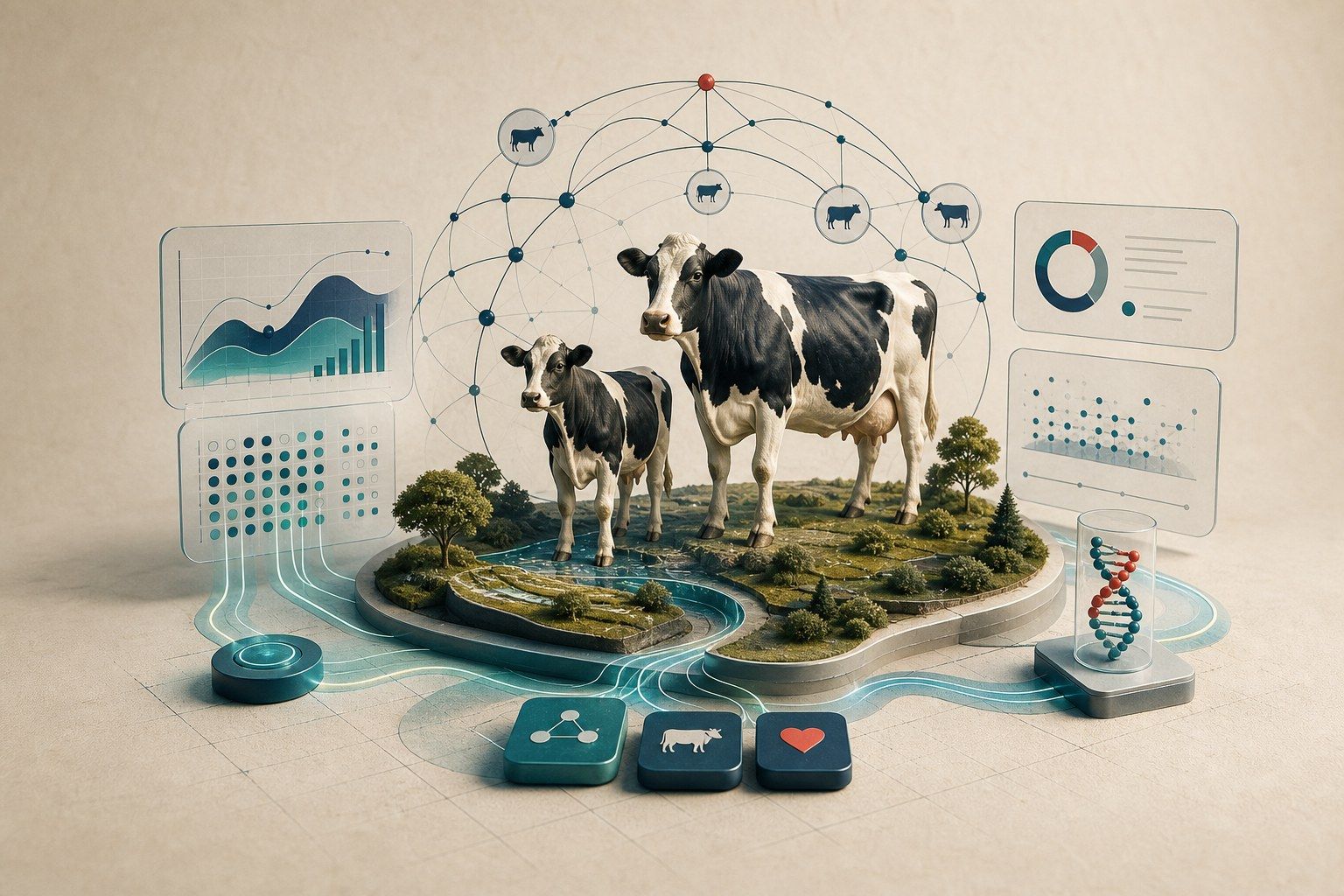 Agritech scene with dairy cattle, miniature terrain, analytical overlays and pedigree arcs