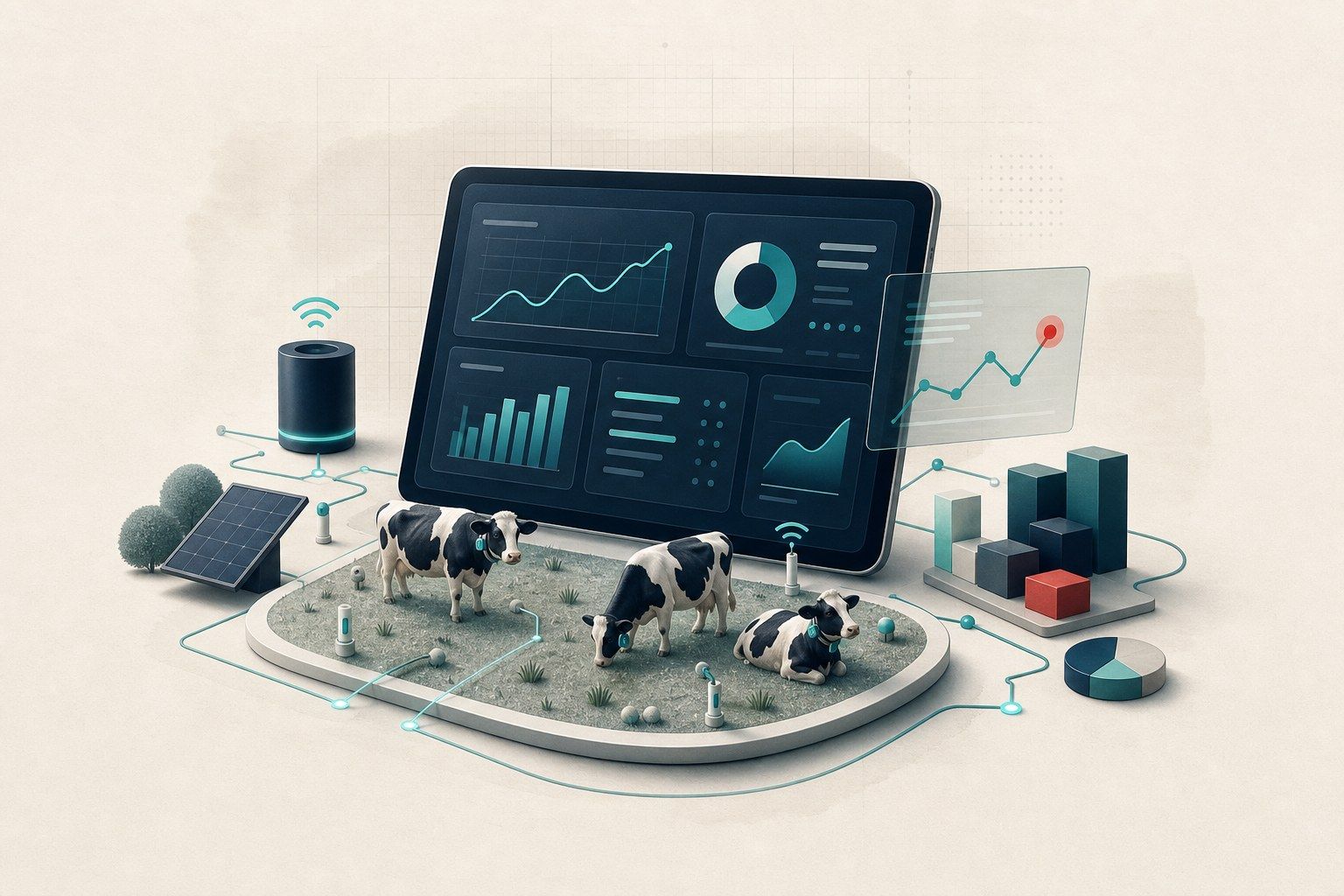Farm data command centre with tablet-style dashboard, cattle miniatures, sensor tags and one crimson insight marker