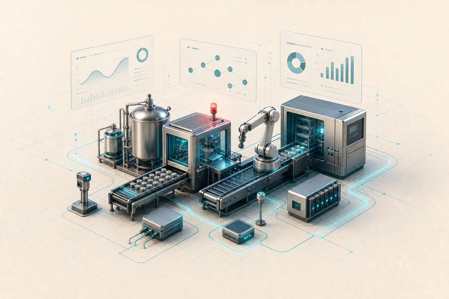 Clean stainless production line with sensors, robotic arm, control nodes and one crimson alert light
