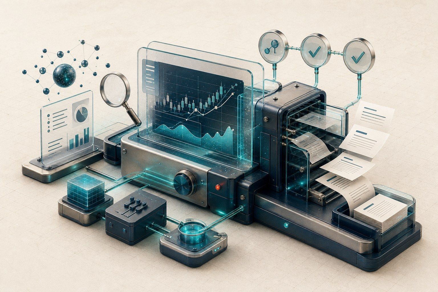 Abstract autonomous publishing pipeline with charts, blank publishing sheets, fact-check symbols and teal data paths
